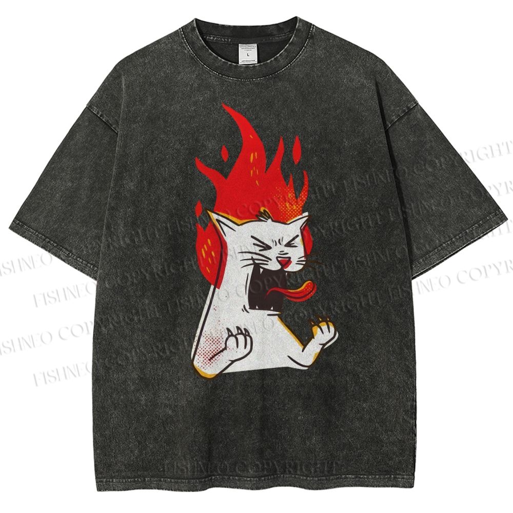 Unisex Angry Cat Printed Washed Tee