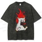 Unisex Angry Cat Printed Washed Tee