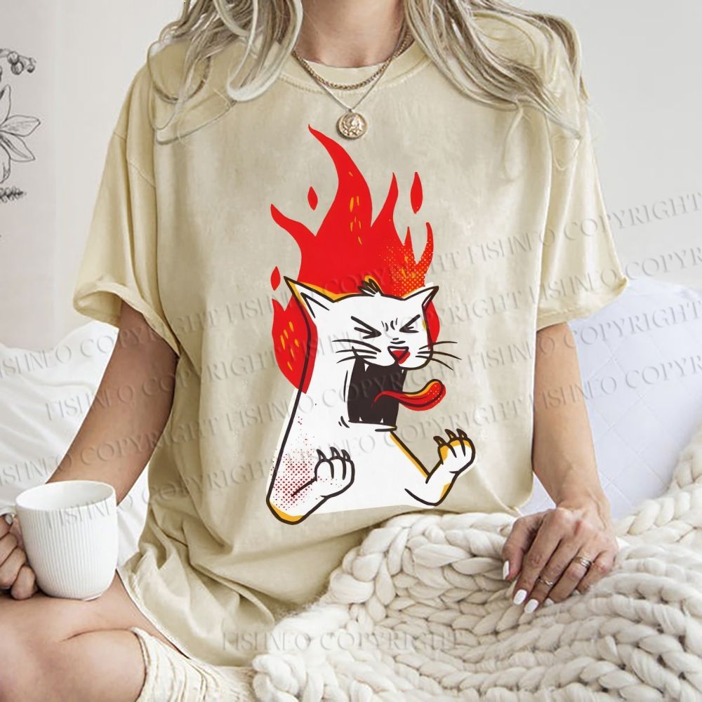 Unisex Angry Cat Printed Washed Tee