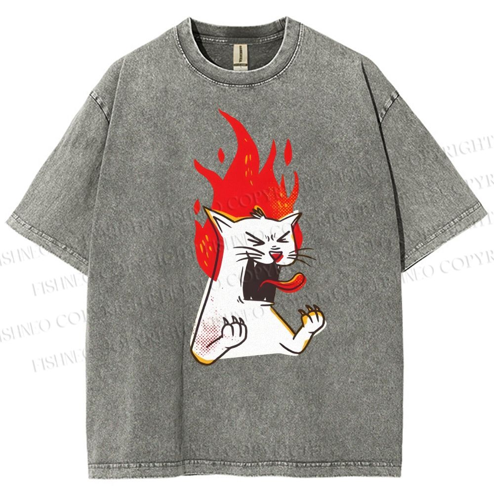 Unisex Angry Cat Printed Washed Tee