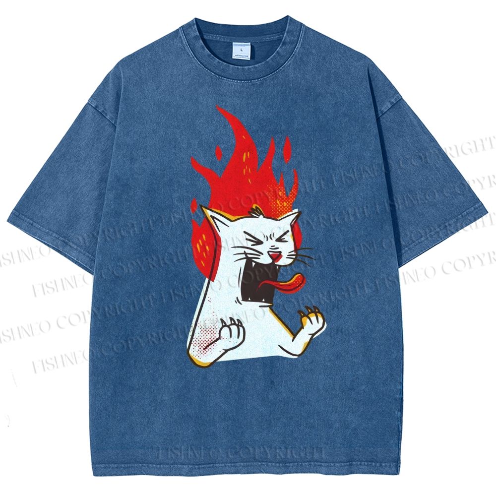 Unisex Angry Cat Printed Washed Tee