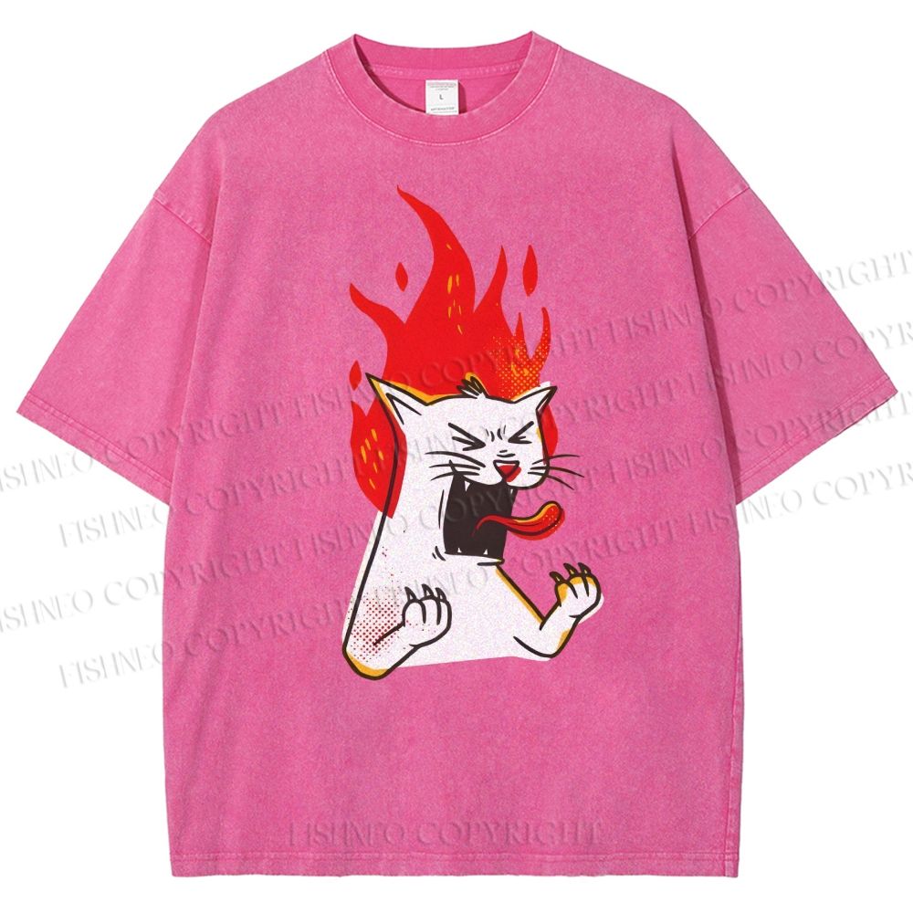 Unisex Angry Cat Printed Washed Tee