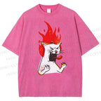 Unisex Angry Cat Printed Washed Tee