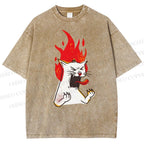Unisex Angry Cat Printed Washed Tee