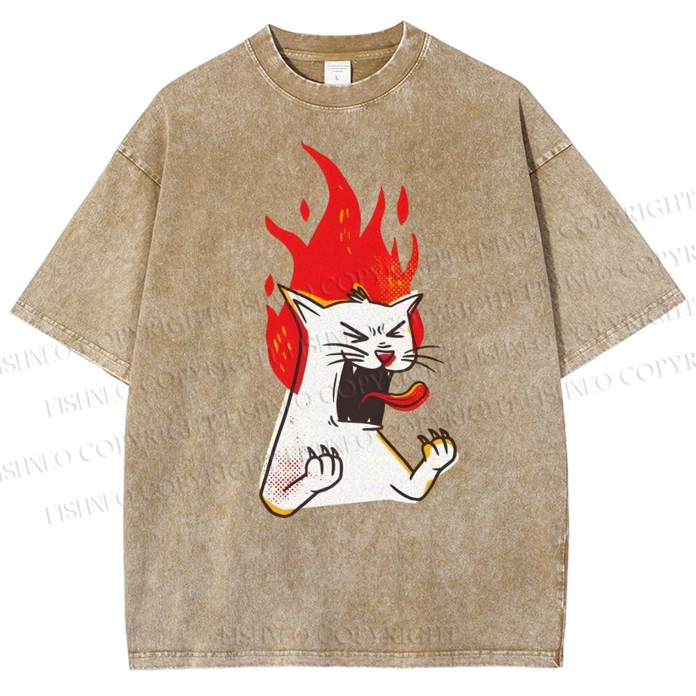 Unisex Angry Cat Printed Washed Tee