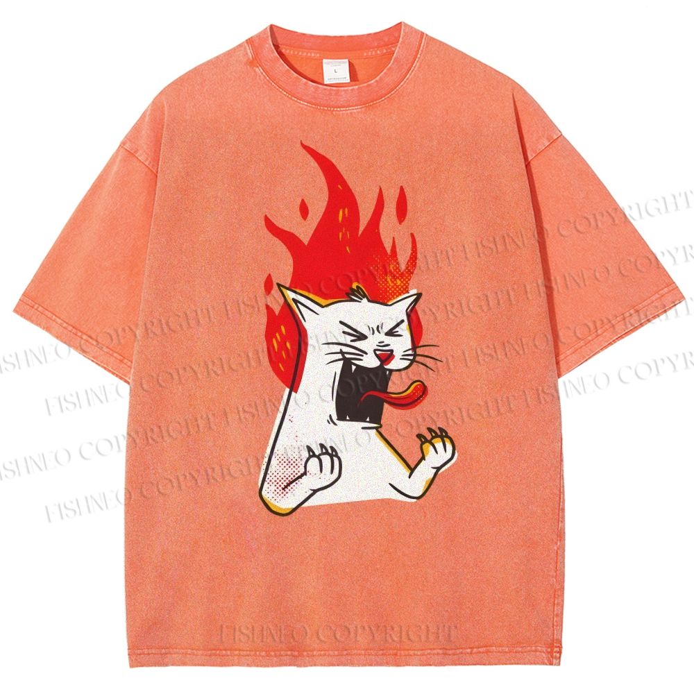 Unisex Angry Cat Printed Washed Tee
