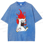 Unisex Angry Cat Printed Washed Tee