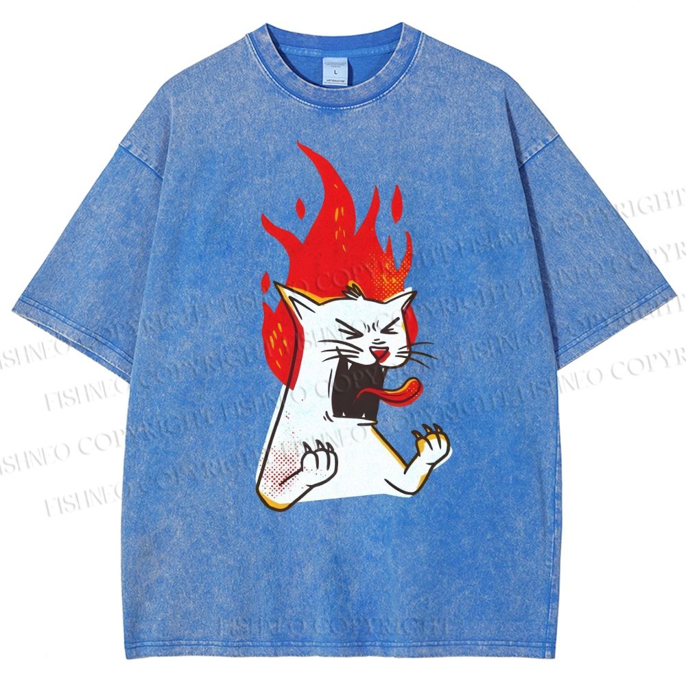 Unisex Angry Cat Printed Washed Tee