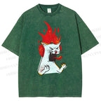 Unisex Angry Cat Printed Washed Tee