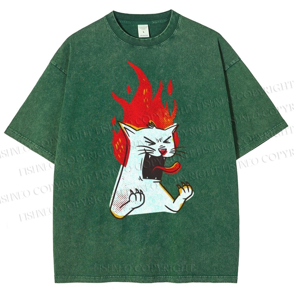 Unisex Angry Cat Printed Washed Tee
