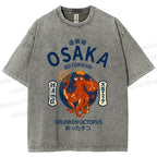 Unisex Osaka Drunken Octopus Japanese Style Printed Washed Tee