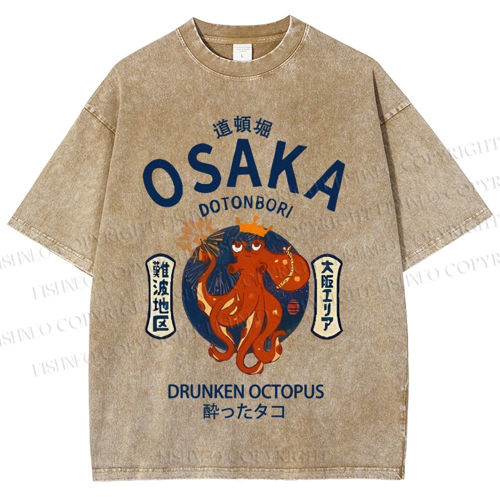 Unisex Osaka Drunken Octopus Japanese Style Printed Washed Tee