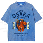 Unisex Osaka Drunken Octopus Japanese Style Printed Washed Tee