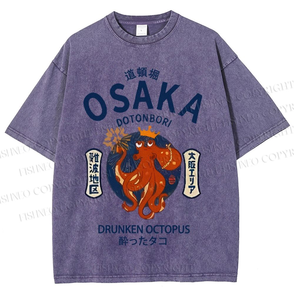 Unisex Osaka Drunken Octopus Japanese Style Printed Washed Tee