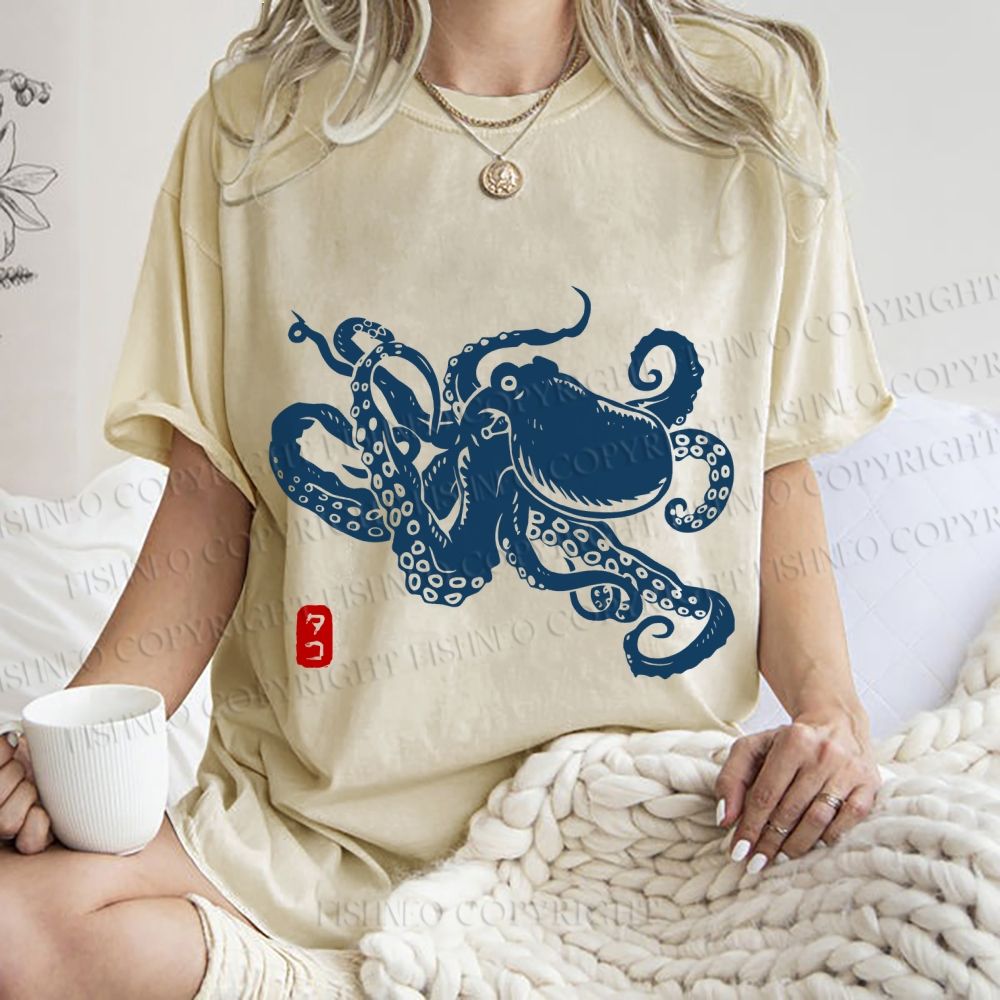 Unisex Octopus Japanese Style Printed Washed Tee