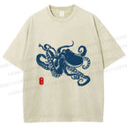 Unisex Octopus Japanese Style Printed Washed Tee