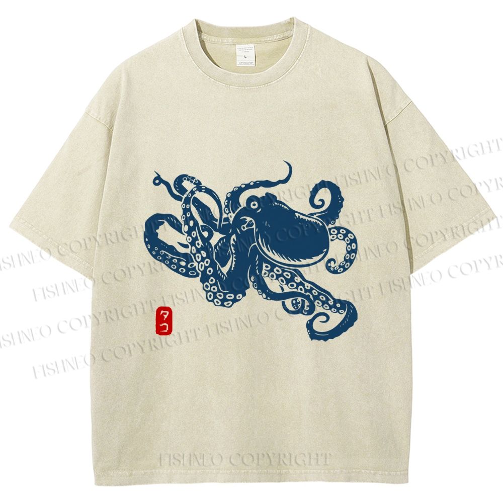 Unisex Octopus Japanese Style Printed Washed Tee
