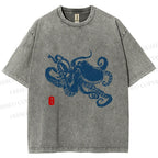 Unisex Octopus Japanese Style Printed Washed Tee