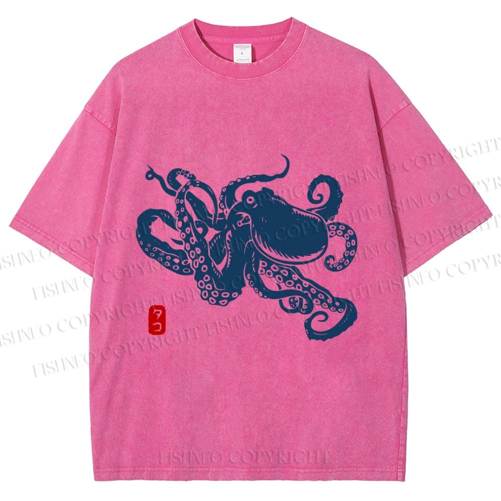 Unisex Octopus Japanese Style Printed Washed Tee