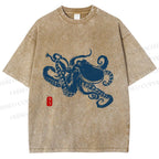 Unisex Octopus Japanese Style Printed Washed Tee