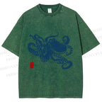 Unisex Octopus Japanese Style Printed Washed Tee