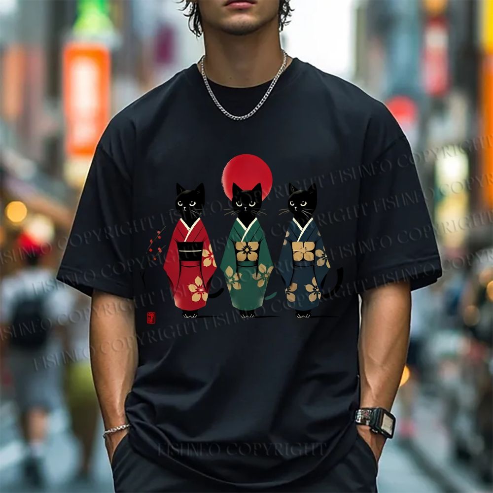 Unisex Japanese Kimono Cat Classic Cotton T-shirt