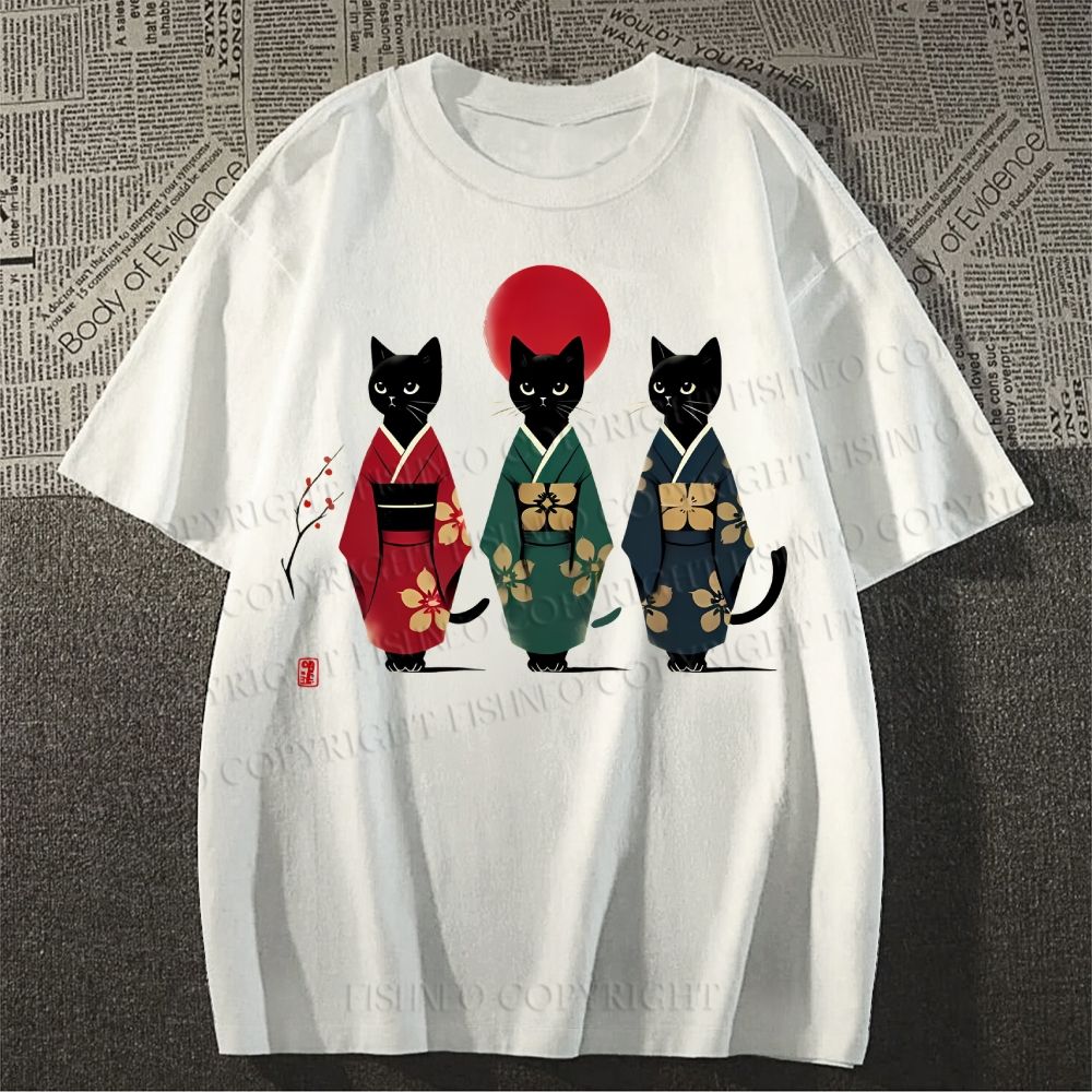 Unisex Japanese Kimono Cat Classic Cotton T-shirt