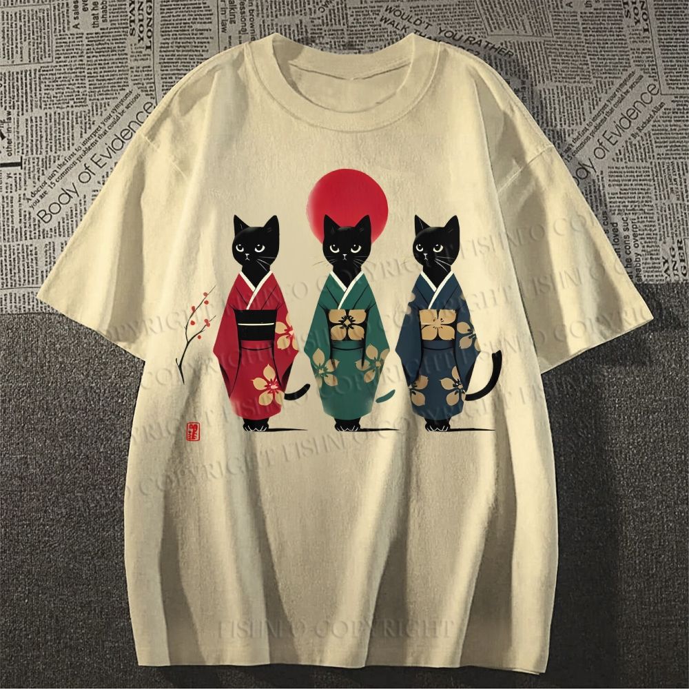 Unisex Japanese Kimono Cat Classic Cotton T-shirt