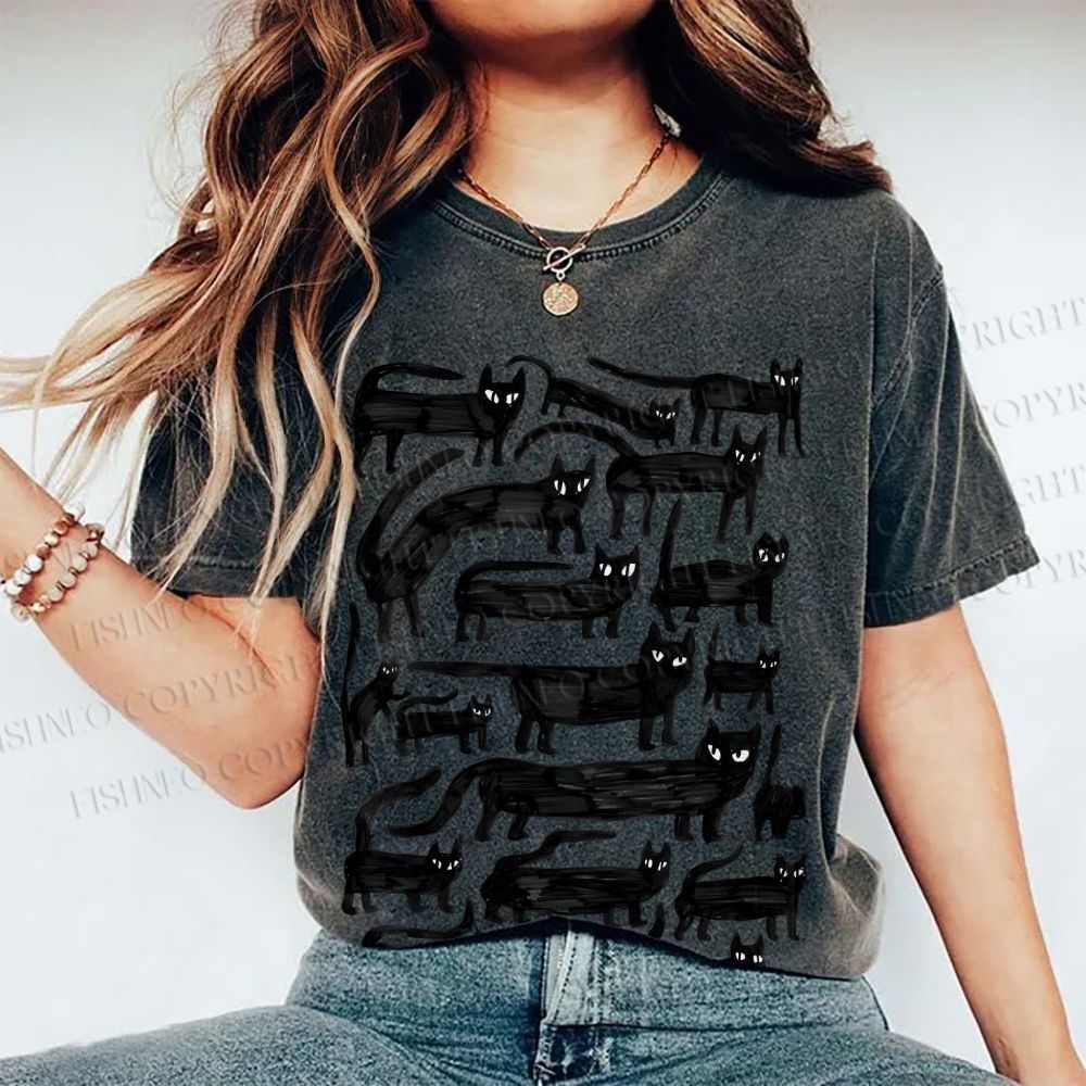 Unisex Long Strip Cat Printed Washed Tee
