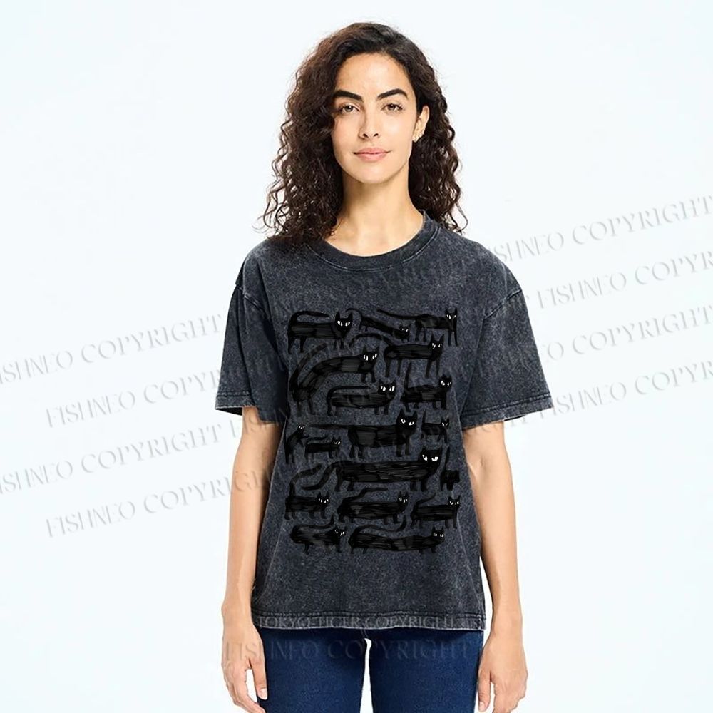 Unisex Long Strip Cat Printed Washed Tee
