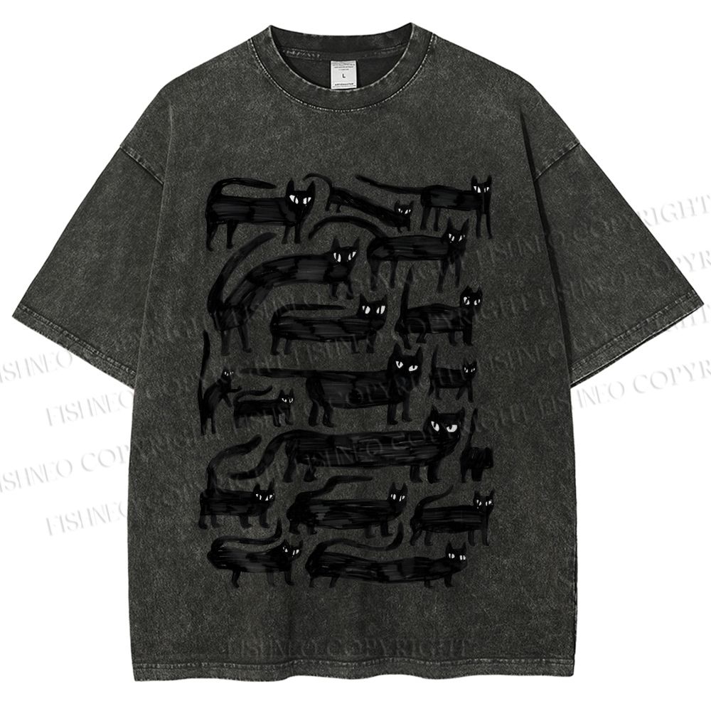 Unisex Long Strip Cat Printed Washed Tee