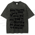 Unisex Long Strip Cat Printed Washed Tee