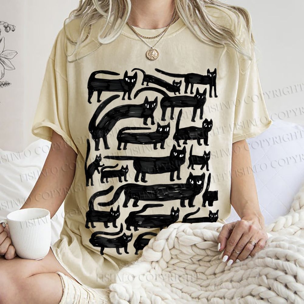 Unisex Long Strip Cat Printed Washed Tee