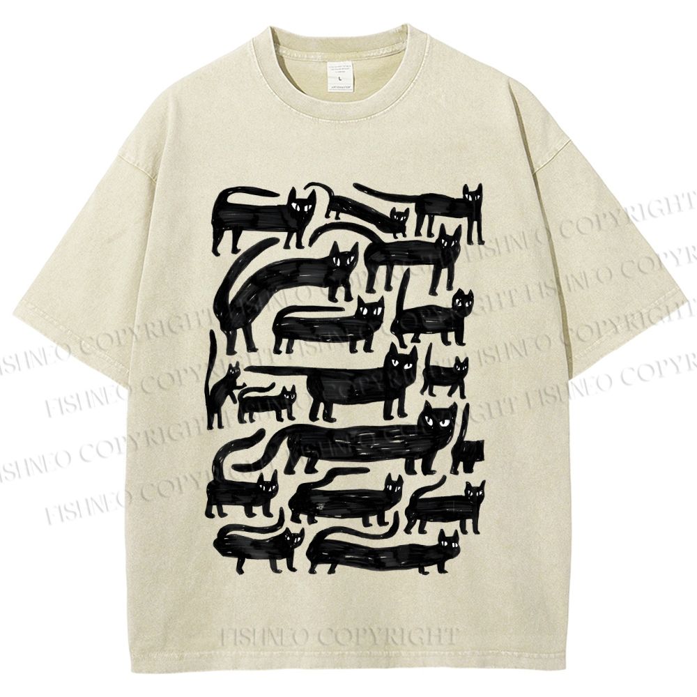 Unisex Long Strip Cat Printed Washed Tee
