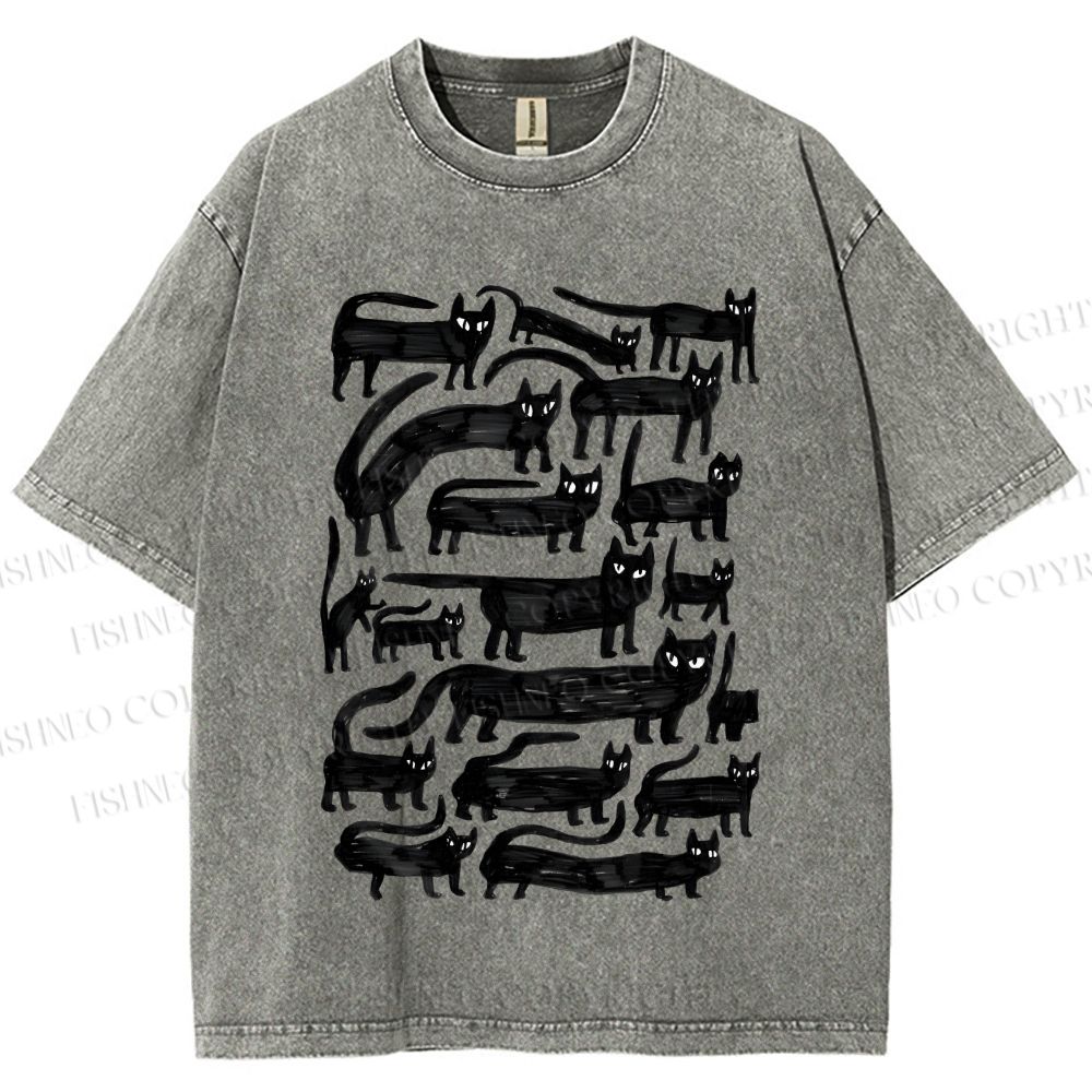 Unisex Long Strip Cat Printed Washed Tee