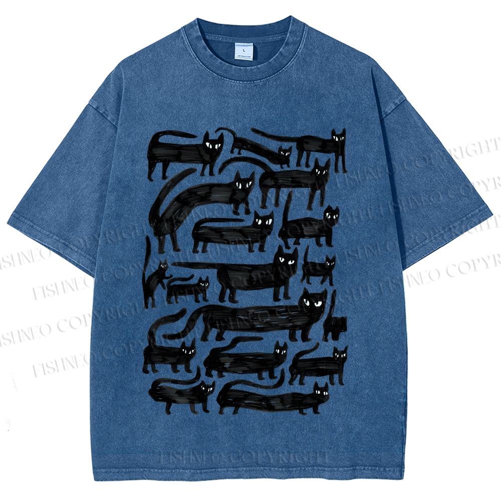 Unisex Long Strip Cat Printed Washed Tee