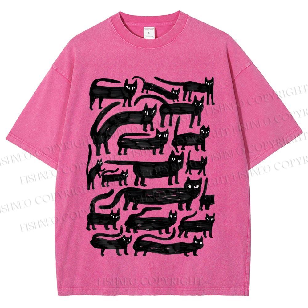 Unisex Long Strip Cat Printed Washed Tee
