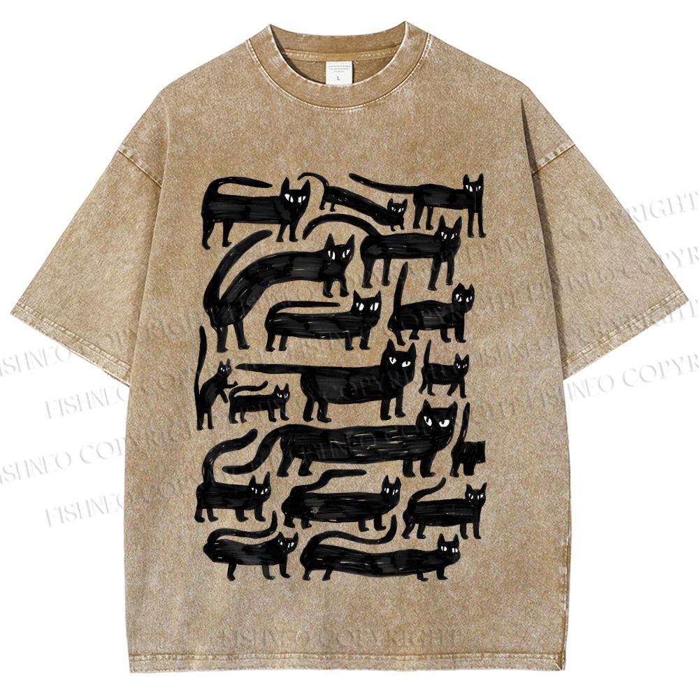 Unisex Long Strip Cat Printed Washed Tee
