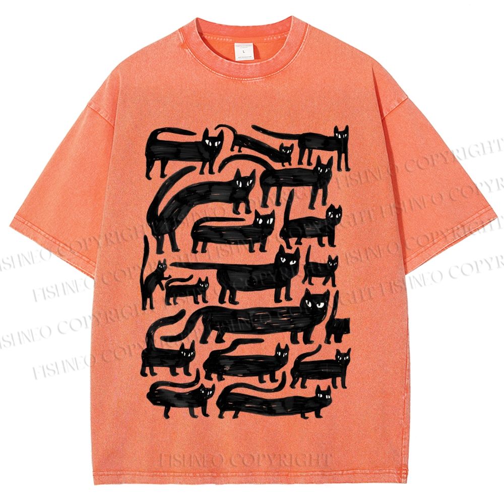 Unisex Long Strip Cat Printed Washed Tee