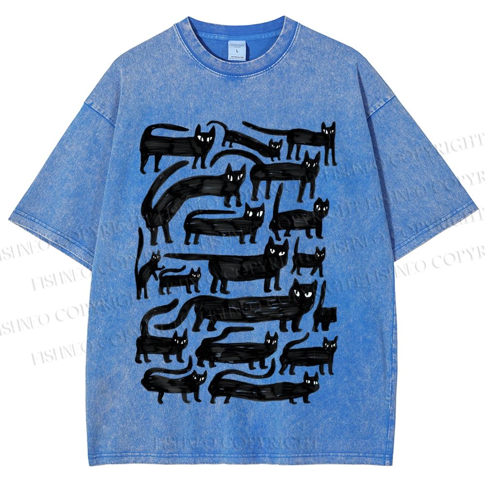 Unisex Long Strip Cat Printed Washed Tee