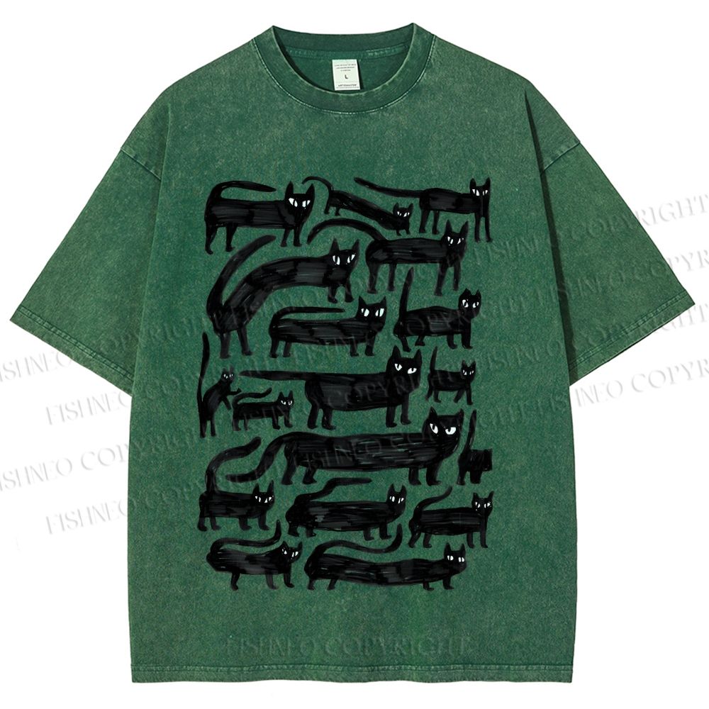 Unisex Long Strip Cat Printed Washed Tee