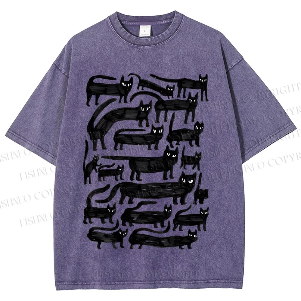 Unisex Long Strip Cat Printed Washed Tee