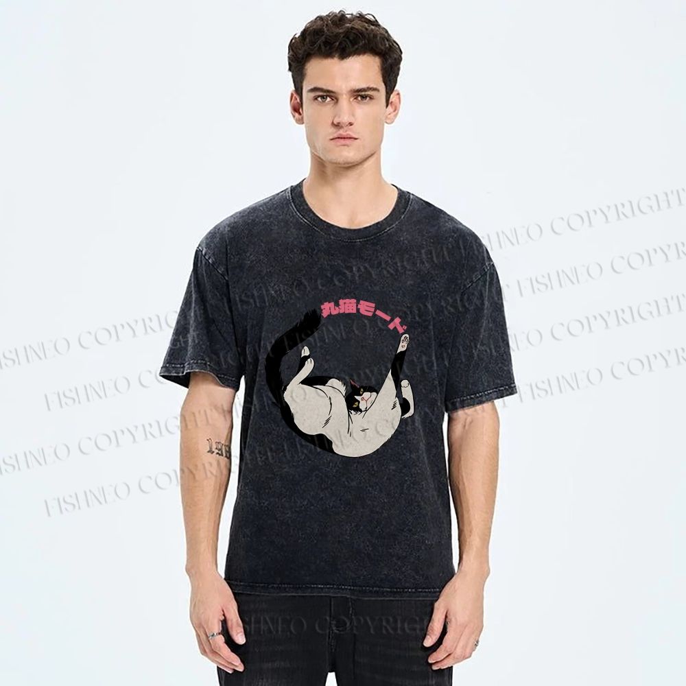 Unisex Japanese Cat Roll Printed Washed Tee