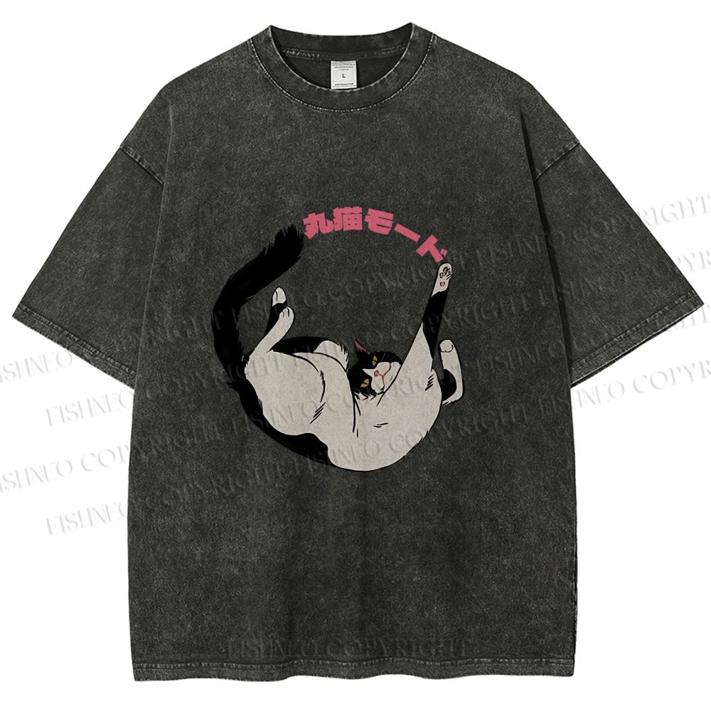 Unisex Japanese Cat Roll Printed Washed Tee