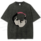 Unisex Japanese Cat Roll Printed Washed Tee