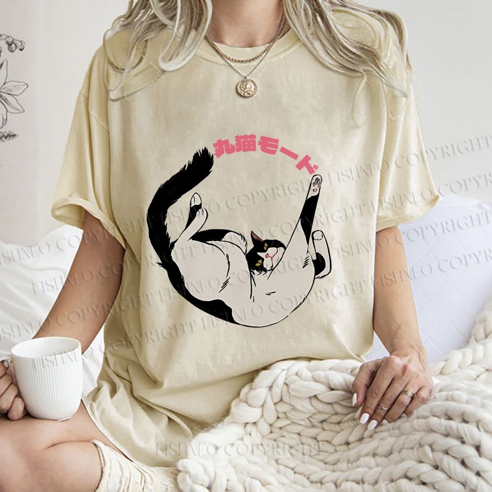 Unisex Japanese Cat Roll Printed Washed Tee