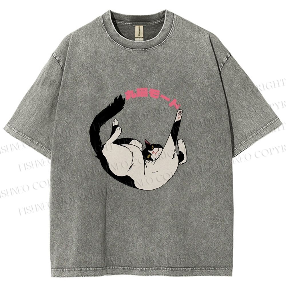 Unisex Japanese Cat Roll Printed Washed Tee