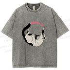Unisex Japanese Cat Roll Printed Washed Tee