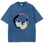 Unisex Japanese Cat Roll Printed Washed Tee