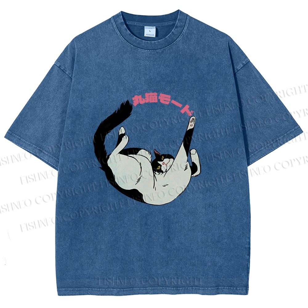 Unisex Japanese Cat Roll Printed Washed Tee